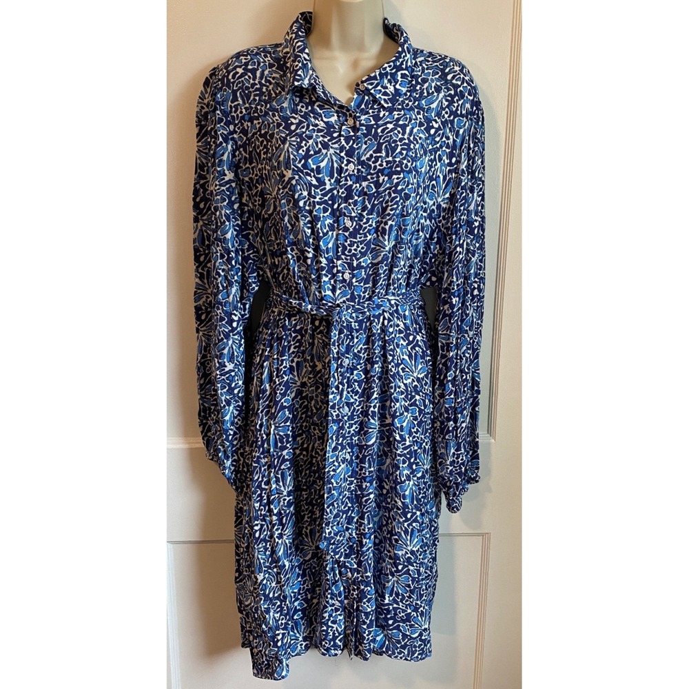 Well Worn Womens XXL Blue White Floral Button Down Belted Midi Shirt Dress